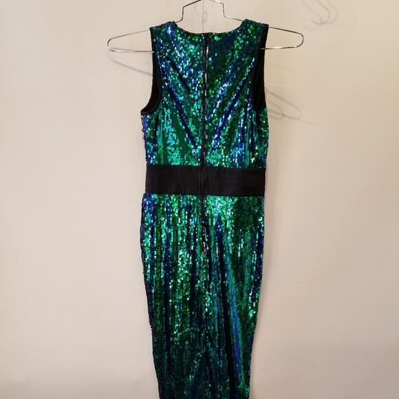 Green Goddess Sequin High Slit Maxi Dress Evening Plunging Neckline Size S - Picture 10 of 15